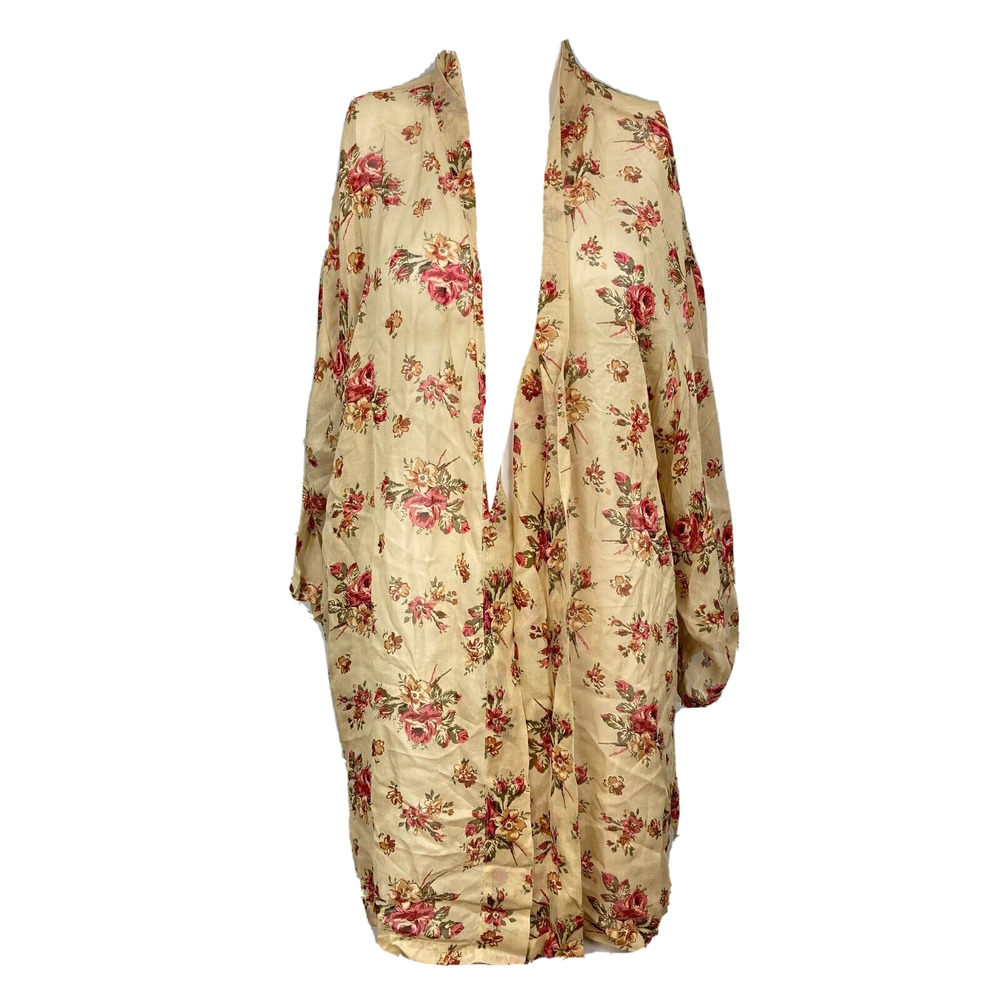 Sterling Styles Kimono Sz OS Tan Beige Floral Open Flowy Longline Cardi‎